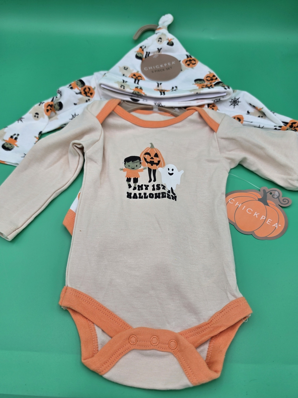 chick pea Beige & Orange 'My 1st Halloween' Baby Bodysuit Set